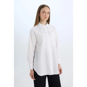 Relax Fit Poplin Basic Düz Beyaz Uzun Kollu Gömlek Tunik D7342AX25SP