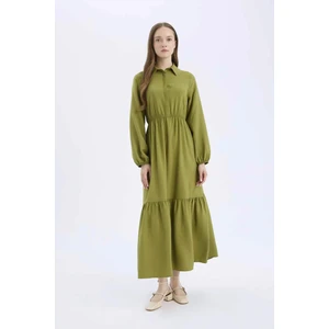 Gömlek Yaka Basic Düz Düğmeli Beli Büzgülü Uzun Kollu Maxi Elbise D5851AX25SP