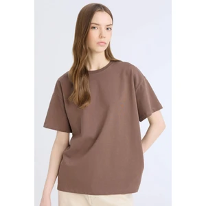 Oversize Geniş Kalıp Bisiklet Yaka Basic Düz Kalın Kumaş Kısa Kollu Kahve Tişört E4935AX25SP