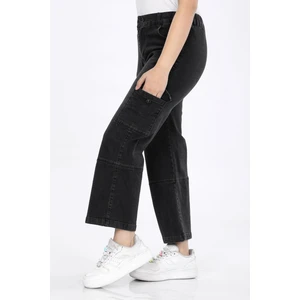 Siyah Kot-% 100 Pamuk-Yarım Lastikli-Kargo Yapışma Cepli-Diz Altı Dikiş Detaylı-Kız Çocuk Pantolonu