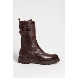 Kadın Postal Kalın Taban Fermuarlı Kemer Tokalı Günlük Bot  Deri Br 06146 Kahverengi