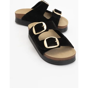 Harbor Siyah Süet Çift Bantlı Hakiki Deri Kadın Kalın Tabanlı Terlik