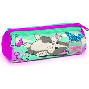 Coral High Üç Bölmeli Kalem Kutusu Su Yeşili Pembe Kedi Desenli 22007