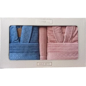 Peonies Pembe Mavi Happy Set Aile Bornoz Seti 3928