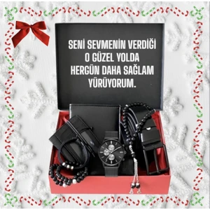 Erkek Hediye Seti Siyah Kol Saati -Kemer -Kartlık -Cüzdan -Tesbih -3 Adet Bileklik