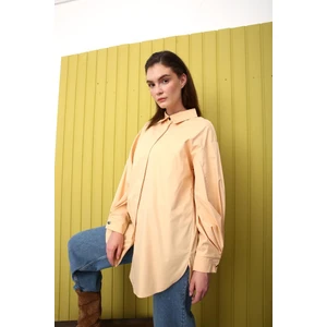 Bej-Oversize Kol Pile Detaylı Gömlek Tunik