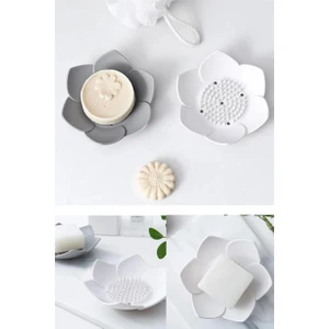 2 Adet Lotus Desenli Sabun ve Sünger Tutacağı Silikon (Beyaz) Su Giderli Lotus Şekilli Sabunluk