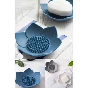 Lotus Desenli Sabun ve Sünger Tutacağı Silikon (Mavi) Su Giderli Lotus Şekilli Şık Katı Sabunluk