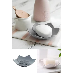 2 Adet Lotus Desenli Sabun ve Sünger Tutacağı Silikon (Gri) Su Giderli Lotus Şık Katı Sabunluk