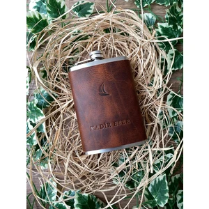 Alesta Leather (Isim Yazıyoruz) El Dikişi  Deri Kaplamalı Çelik Viski Kanyak Içki Matarası ve Huni - 9oz 266ML