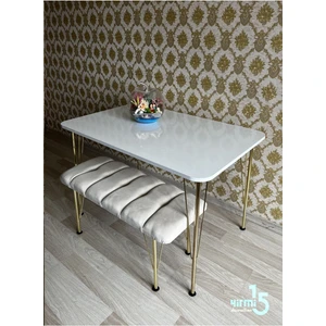 Gold Metal Ayaklı 70 x 110  Parlak Beyaz Mutfak Masası -Balkon-Çalışma Masası