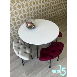 Beyaz Yuvarlak Masalı Bench Takımı Bench & Puf Takımı Beyaz  Masa Krem-Bordo Bench