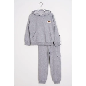 Kapüşonlu Kargo Cepli Gri Melanj Renk Erkek Çocuk Eşofman Takım