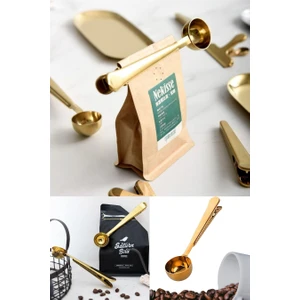 Paslanmaz Çelik Çay Kahve Bitki Çayı Mutfak Ölçü Kaşığı ve Paket Klipsi Gold