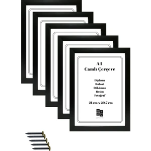 Batu Art Home 5 Adet A4 Çerçeve Gerçek Camlı Belge Diploma Resim Fotoğraf Asılabilir Siyah Renk 21 x 29.7  cm