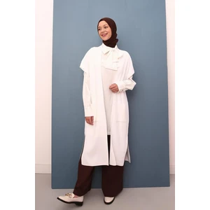 Ekru-Cepli Uzun Triko Yelek