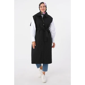 Siyah-Oversize Çıtçıtlı Dikey Çizgi Uzun Kapitone Yelek