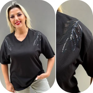 Transparan Tül Pul Payet Kadın T-Shirt