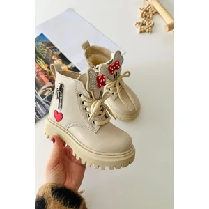 Miniğimin Cicileri Ortopedik Kalp Detaylı Bağcıklı Fermuarlı kız çocuk bot - Krem