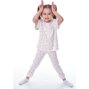 %100 Pamuk Interlok Kumaş Çiçek Desenli Kısa Kollu Kız Çocuk Pijama Takımı (3,4,5,6,7,8 Yaş)
