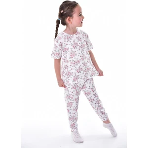 %100 Pamuk Interlok Kumaş Çiçek Desenli Kısa Kollu Kız Çocuk Pijama Takımı (3,4,5,6,7,8 Yaş)