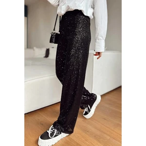 Kadın Beli Lastikli ve Pul Payetli Bol Pantolon -Siyah