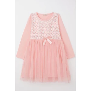 Kız Çocuk Uzun Elbise Çiçek Güpür Nakışlı 4-8 Yaş, Pembe