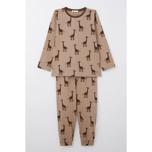 Erkek Çocuk Pijama Takımı Sevimli Zürafa Desenli 4-8 Yaş, Vizon