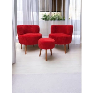 Kırmızı Teddy Kumaş Çay Seti Ikili Koltuk Berjer ve Puf Takımı (Salon, Balkon, Ofis) 3'lü Takım