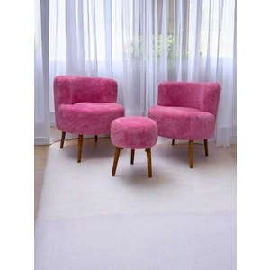 Pembe Teddy Kumaş Çay Seti Ikili Koltuk Berjer ve Puf Takımı (Salon, Balkon, Ofis) 3'lü Takım