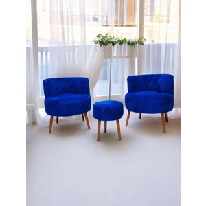 Mavi Teddy Kumaş Çay Seti Ikili Koltuk Berjer ve Puf Takımı (Salon, Balkon, Ofis) 3'lü Takım