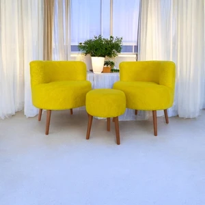 Sarı Teddy Kumaş Çay Seti Ikili Koltuk Berjer ve Puf Takımı (Salon, Balkon, Ofis) 3'lü Takım
