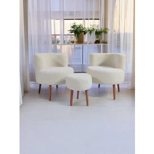 Beyaz Teddy Kumaş Çay Seti Ikili Koltuk Berjer ve Puf Takımı (Salon, Balkon, Ofis) 3'lü Takım