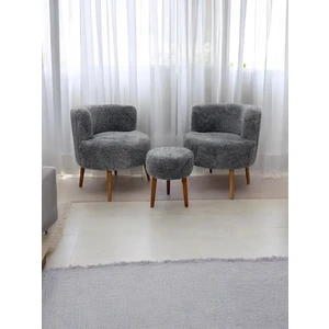 Gri Teddy Kumaş Çay Seti Ikili Koltuk Berjer ve Puf Takımı (Salon, Balkon, Ofis) 3'lü Takım