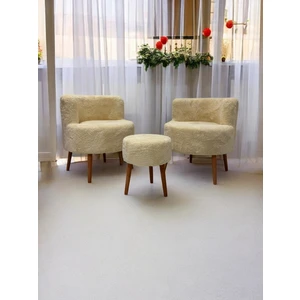 Krem Teddy Kumaş Çay Seti Ikili Koltuk Berjer ve Puf Takımı (Salon, Balkon, Ofis) 3'lü Takım