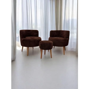 Kahverengi Teddy Kumaş Çay Seti İkili Koltuk Berjer ve Puf Takımı (Salon, Balkon, Ofis) 3'lü Takım