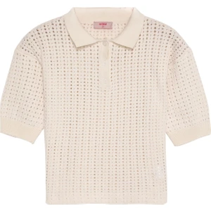 Polo Yaka Delikli İnce Triko Ekru