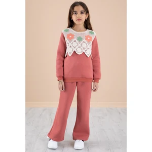 Cansın Mini Kiremit Dantel Işlemeli Şardonlu Geniş Paça Kız Çocuk Eşofman Takımı 20239