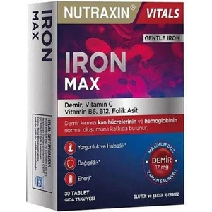 Iron Max 17 Mg 30 Tablet Demir, Vitamin C, Vitamin B6, B12, Folik Asit İçeren Takviye Edici Gıda.