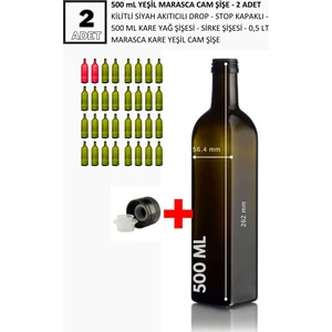 500 ml Yeşil Marasca Cam Şişe - 2 Adet   Kilitli Siyah Akıtıcılı Drop - Stop Kapaklı - 500 ml Kare Yağ Şişesi - Sirke Şişesi - 0,5 Lt Marasca Kare Yeşil Cam Şişe
