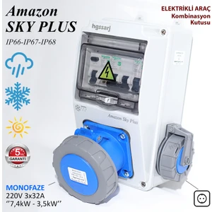 Amazon Sky Plus, IP66-IP67-IP68, Monofaze Elektrikli Araç Kombinasyon Kutusu, Tesla Blue Adaptöre Uyumlu, + Kaçak Akım Röle, 3X32A + 1X16A - 5 Yıl Garanti