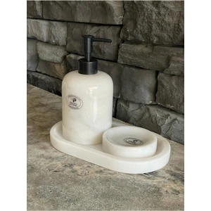 Polen Stone Beyaz Mermer Sıvı Sabunluk, Oval Tepsi. Katı Sabunluk 3'lü Set Siyah Aksesuarlı