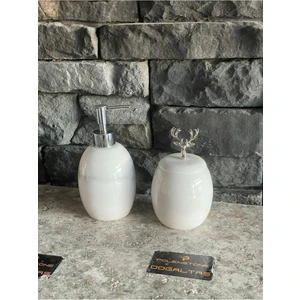 Elips Model Mermer Sıvı Sabunluk ve Kapaklı Pamukluk 2'li Set