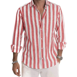 Piola Club Erkek Gömlek Slim Fit Çizgili Pamuk Keten(Kırmızı)