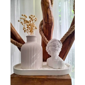 Cey Design Kadın Figürlü 3'lü Dekoratif Biblo Vazo Set Bohem Çizgili Vazo Tabak Kadın Figürlü Set