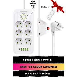 Boss And Muse 1. Metre Uzatma Kablolu 6'lı Akım Korumalı  Priz 4 USB + 1 Typ-C - 3'lü Duvar Tipi Priz Hediye