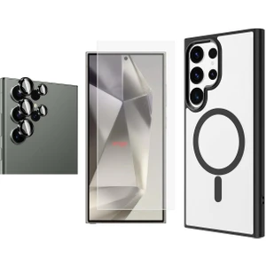 Galaxy S24 Ultra Kılıf Magsafe Şarj Özellikli Zore Krom Magsafe Silikon Kapak + Safir Kamera Lens + Nano Ekran Koruyucu