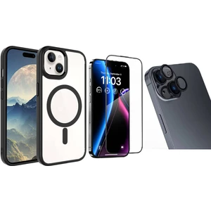 iPhone 15 Kılıf Wireless Şarj Özellikli Zore Krom Magsafe Silikon Kapak + Safir Kamera Lens + Ekran Koruyucu