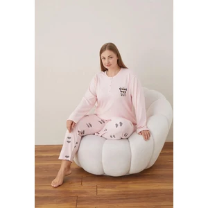 Kadın Pamuklu Düğme Yaka Raporlu Interlok Battal Pijama Takımı 05109 - 1 Adet