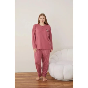 Kadın Pamuklu Düğme Yaka Raporlu Interlok Battal Pijama Takımı 05121 - 1 Adet